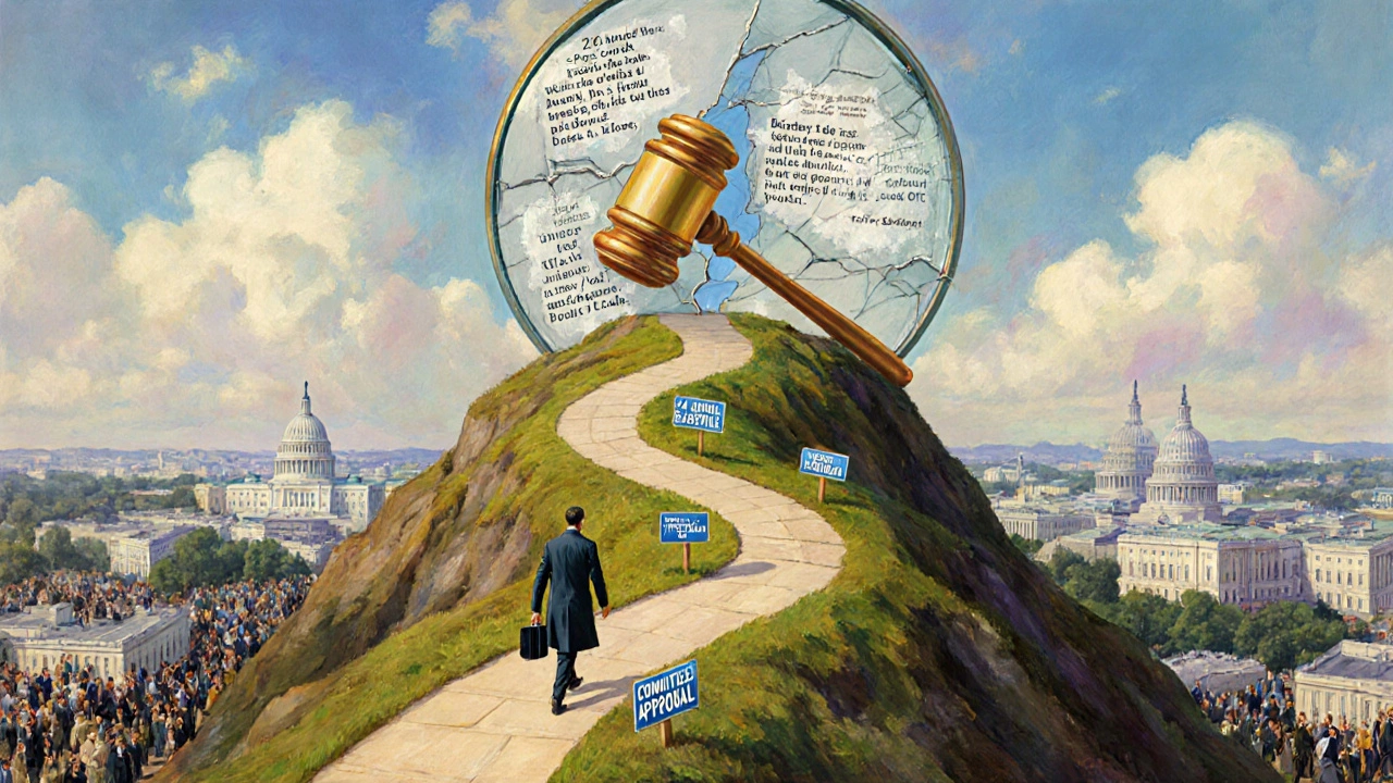 A lobbyist climbs a legislative path marked by rules, as a gilded gavel rests atop a mountain with mirrored bill versions below.