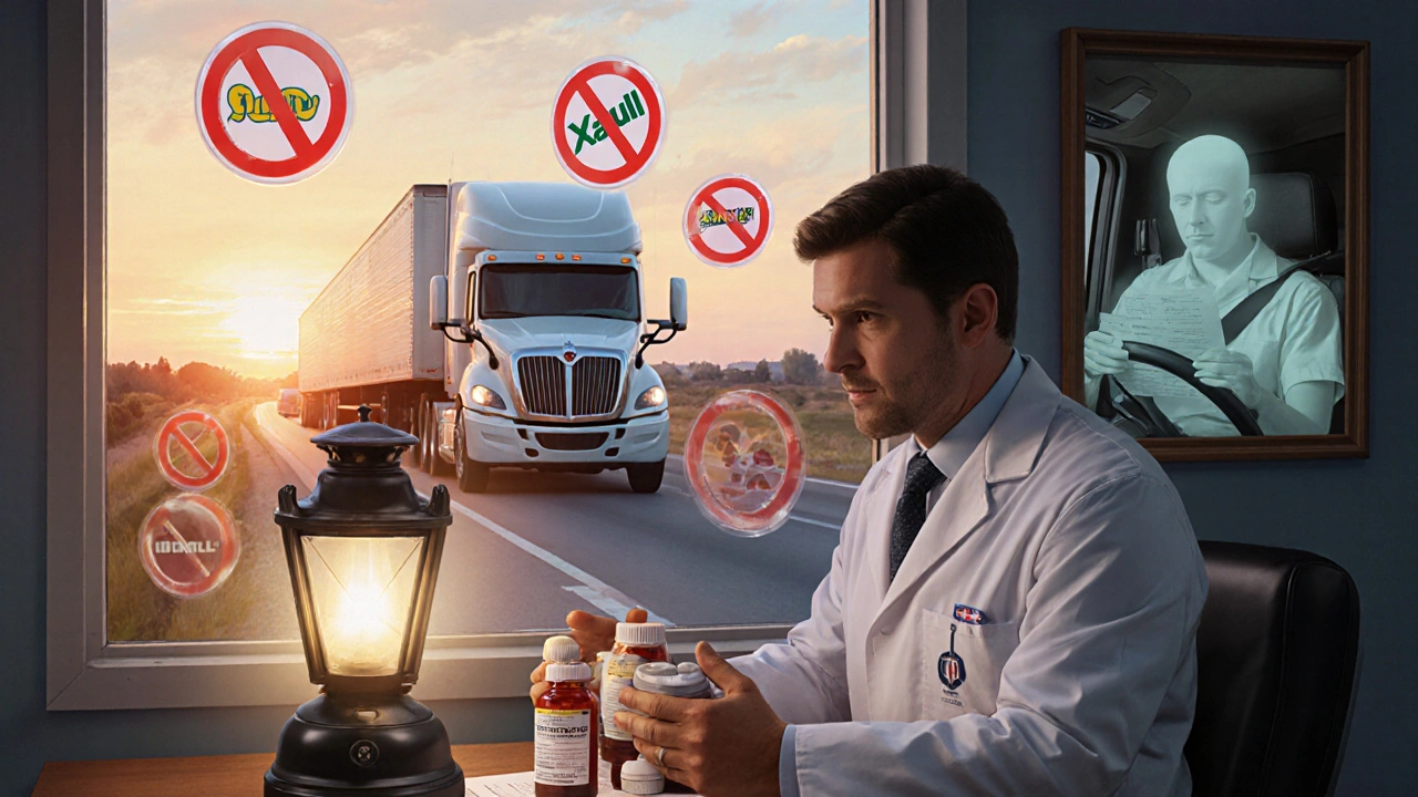 A medical examiner reviewing pill bottles with banned drugs floating as red symbols in a clinic.
