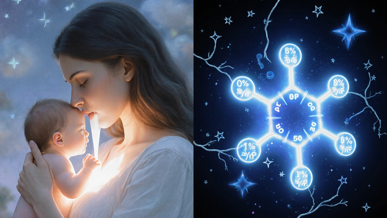 A nursing mother with a glowing milk flow to her baby, accompanied by molecular data showing drug concentration levels.