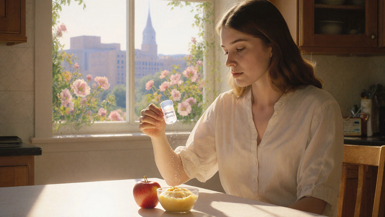 A patient opens a divalproex capsule over applesauce as a glowing molecule rises, bathed in dawn light.