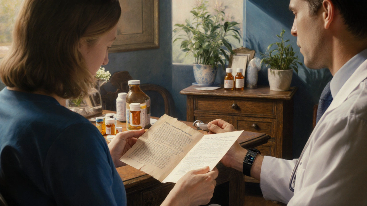 A patient shares prepared health information with a doctor in a warm, inviting office setting.