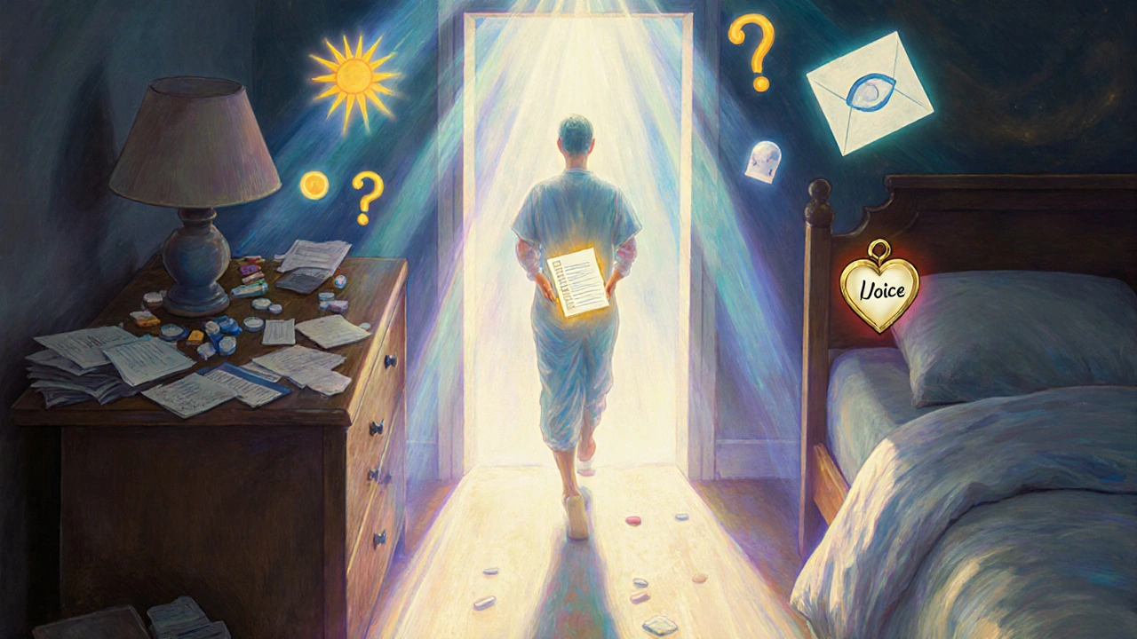 A person walks toward light holding a list of questions, symbolizing empowerment in healthcare.