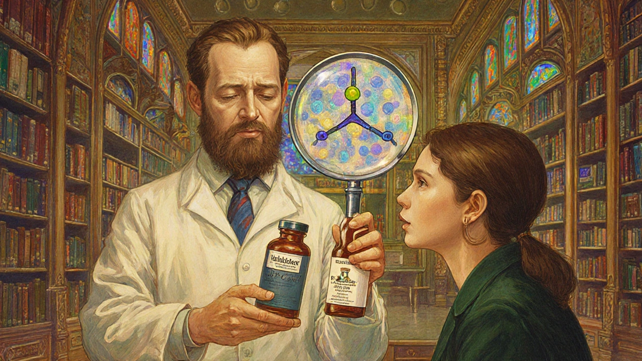 A pharmacist holding two identical pills under stained-glass light, with a magnifying glass revealing matching molecules.