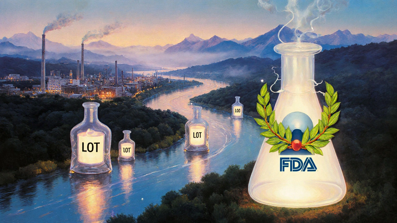 A river of IV bags flows toward hospitals with glowing lot-numbered vials as lanterns along the way.