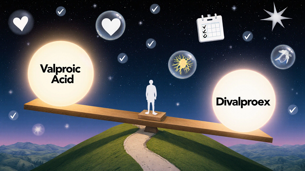 A scale balances two glowing orbs representing valproic acid and divalproex, with a serene figure on a hill under stars.