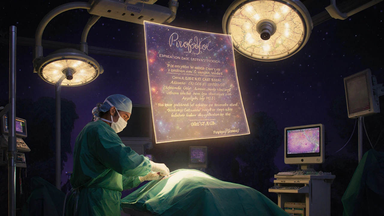 A surgeon administers propofol as a floating expiration extension glows above the anesthesia cart.