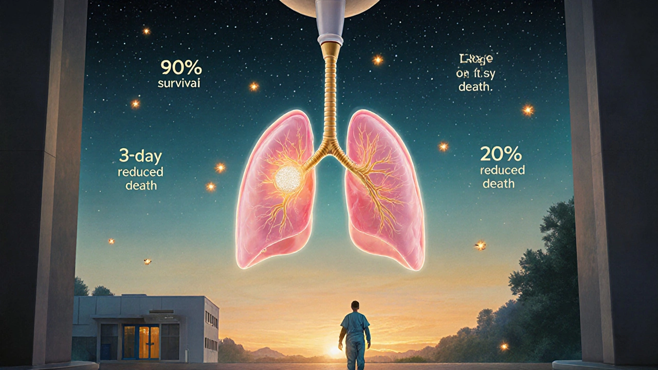 A surgeon removing a small tumor from a glowing lung under a starry sky, with floating data points and a patient walking away in peace.
