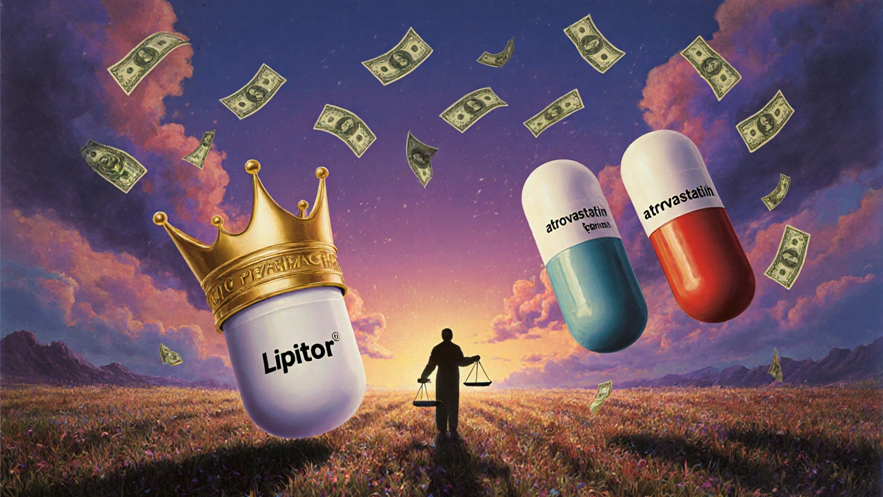 A symbolic pill battlefield with branded and generic capsules on a scale, surrounded by falling money and twilight hues.