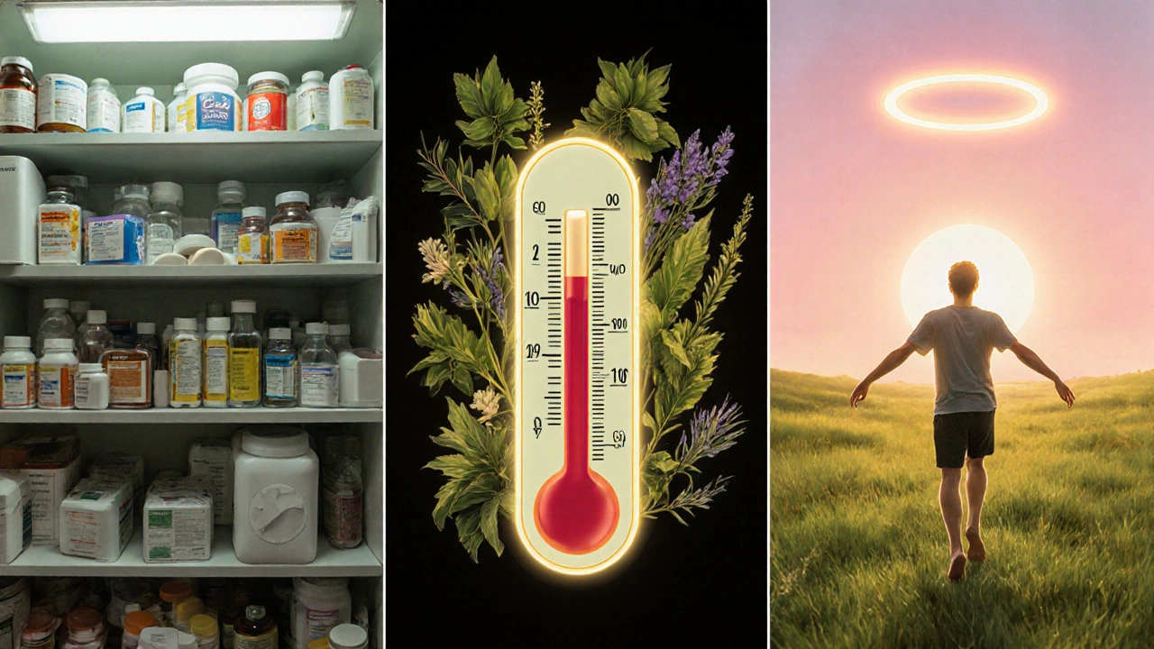 A triptych showing pill overload, a healthy kidney, and a person walking toward sunlight in nature.