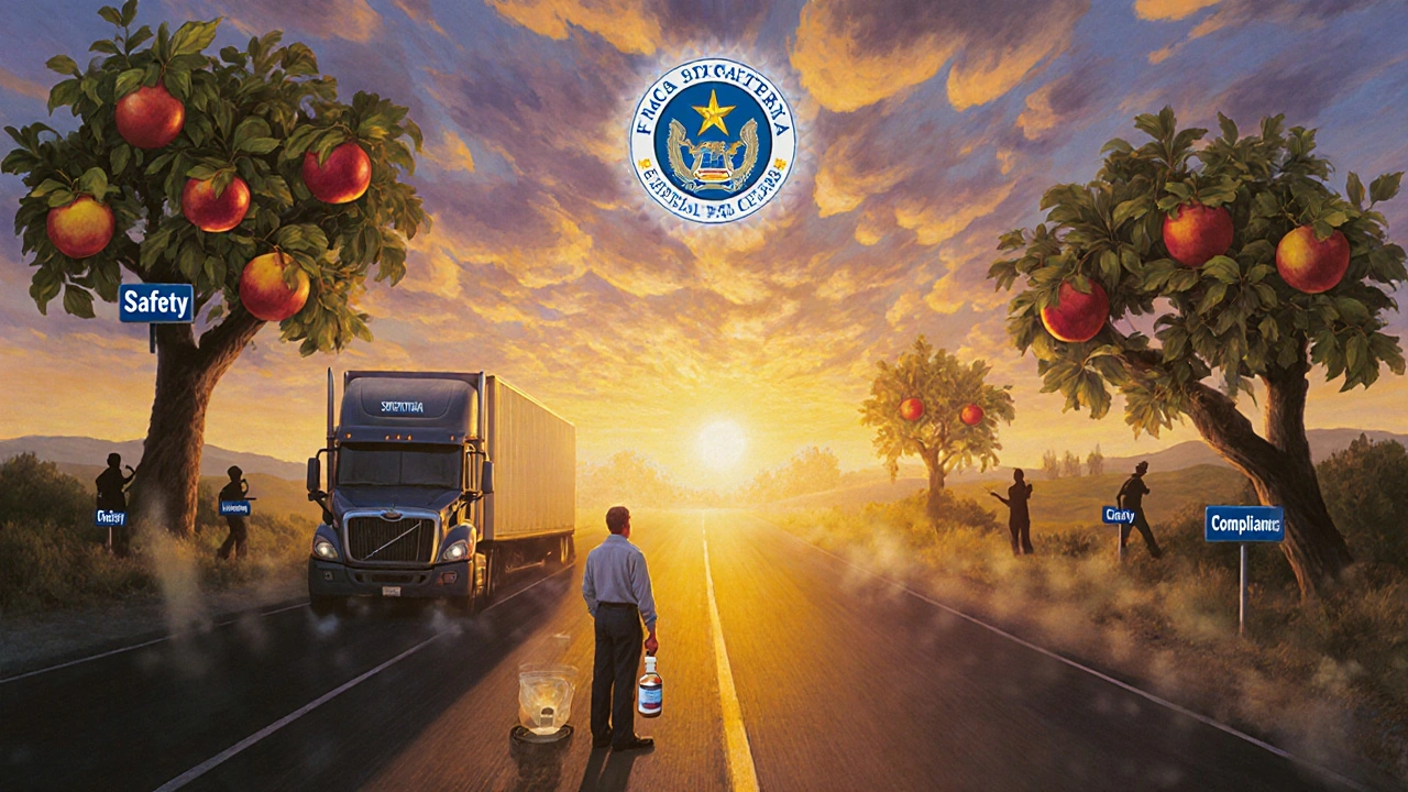 A trucker standing on a highway holding Strattera, with glowing path of compliance ahead.