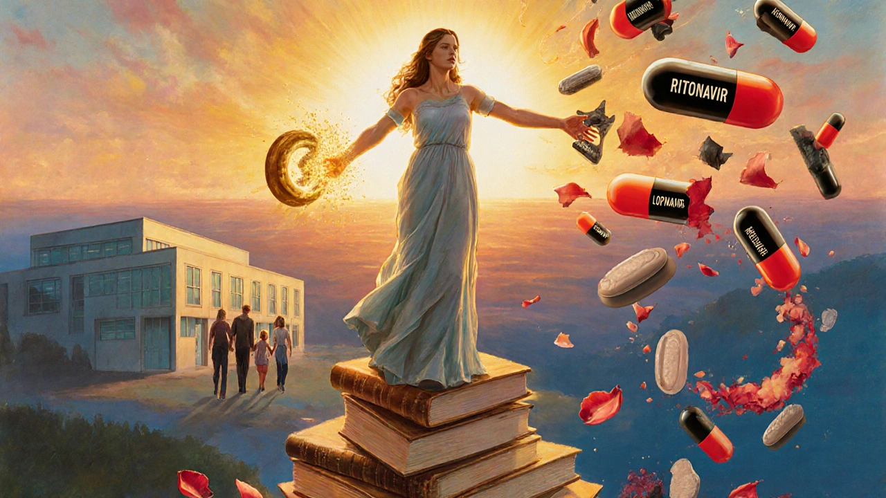 A woman standing tall holding a radiant copper IUD while pushing away dark drug molecules, with a sunrise behind her.
