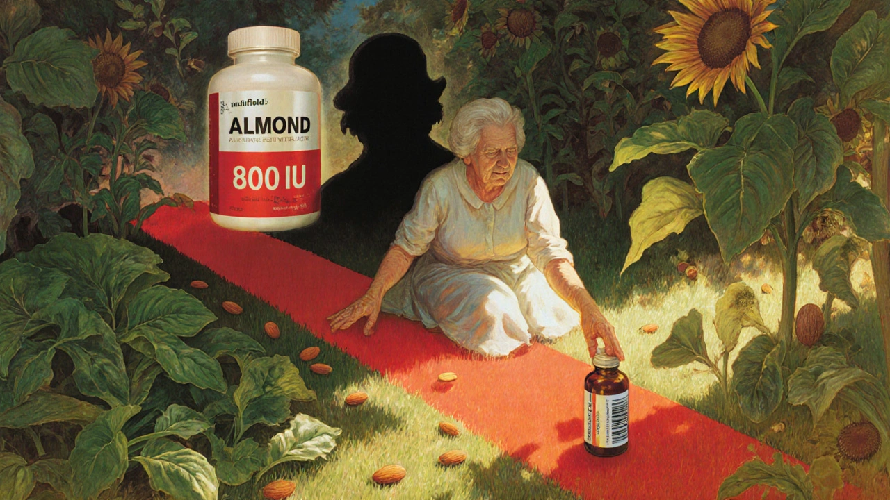 An elderly woman in a sunlit garden with healthy foods, while a shadowy supplement capsule casts a red warning streak.