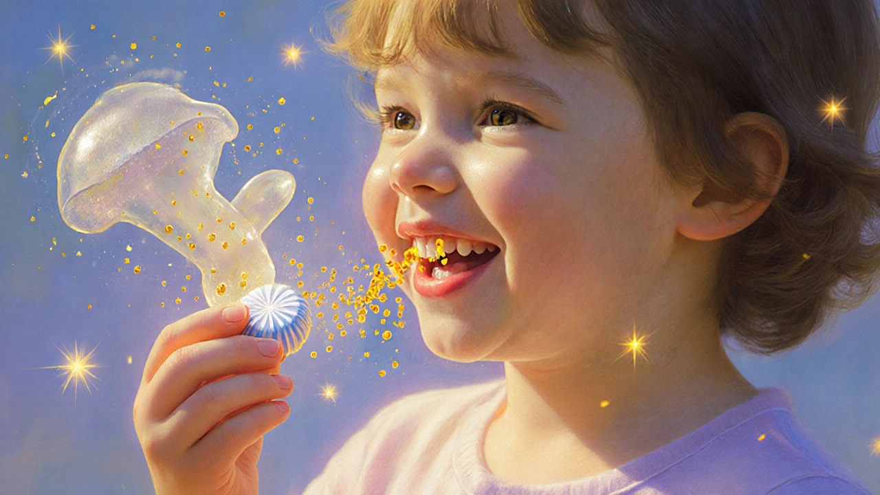 Child smiling while holding a sugar-free mint, glowing probiotic particles swirling around their mouth like fireflies.