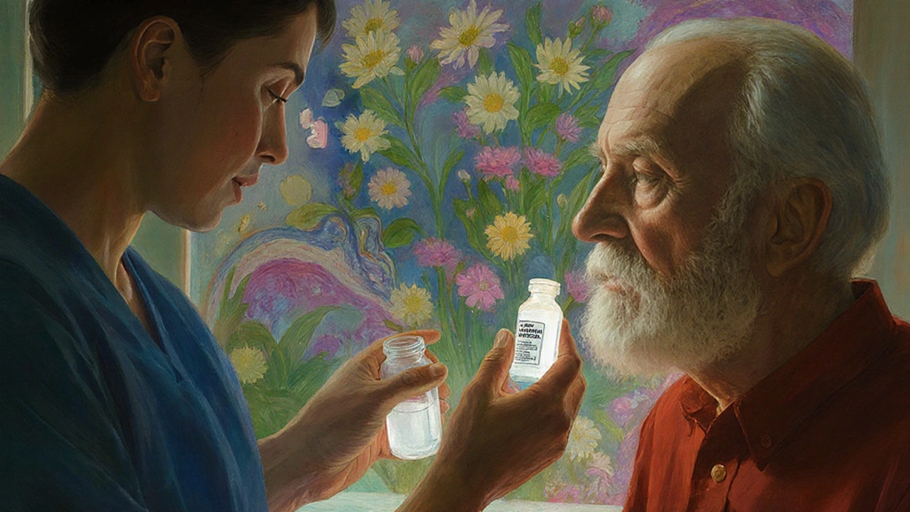 Elderly patient receiving nystatin from a pharmacist, with luminous liquid and healthy tissue patterns in the background.