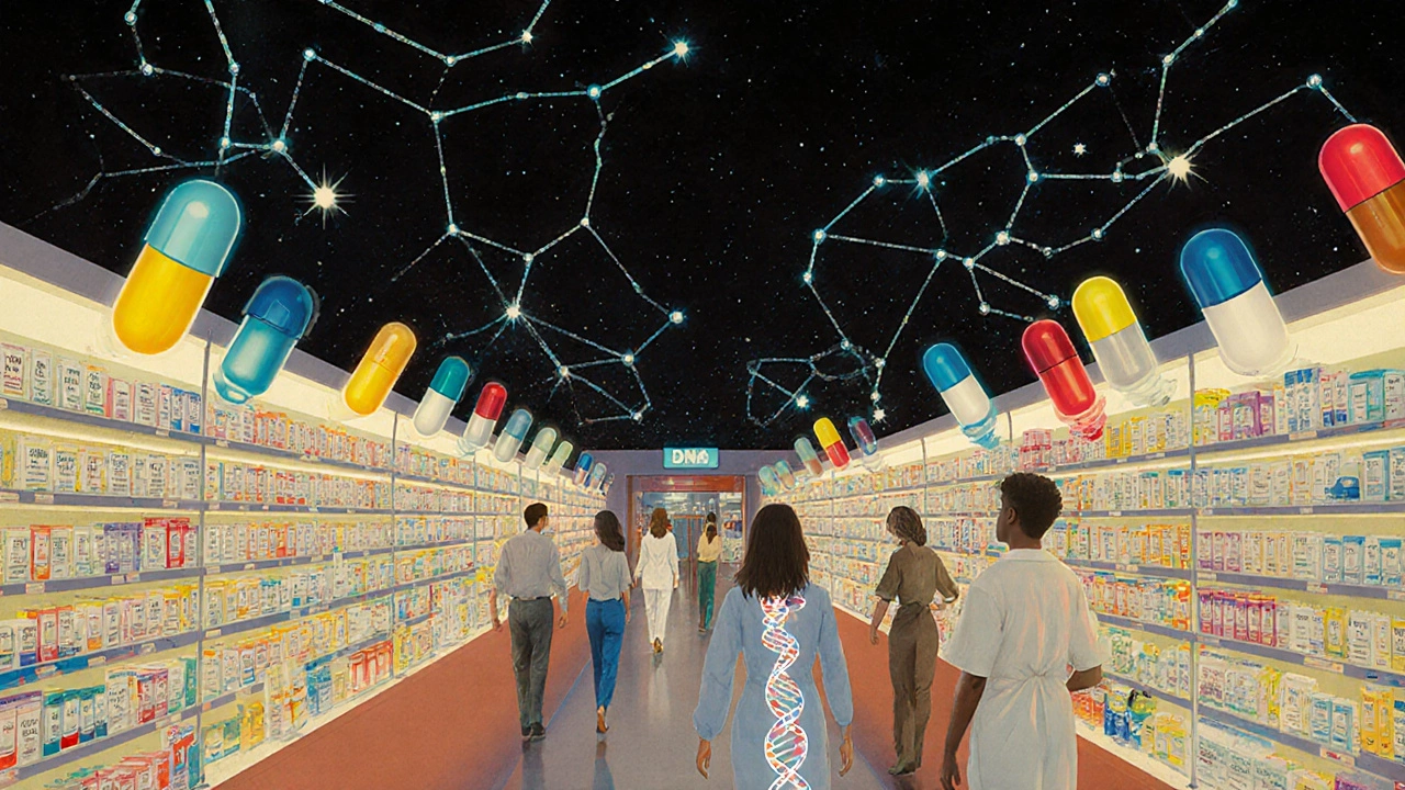 Medications floating above their matching DNA sequences in a luminous, starlit pharmacy.