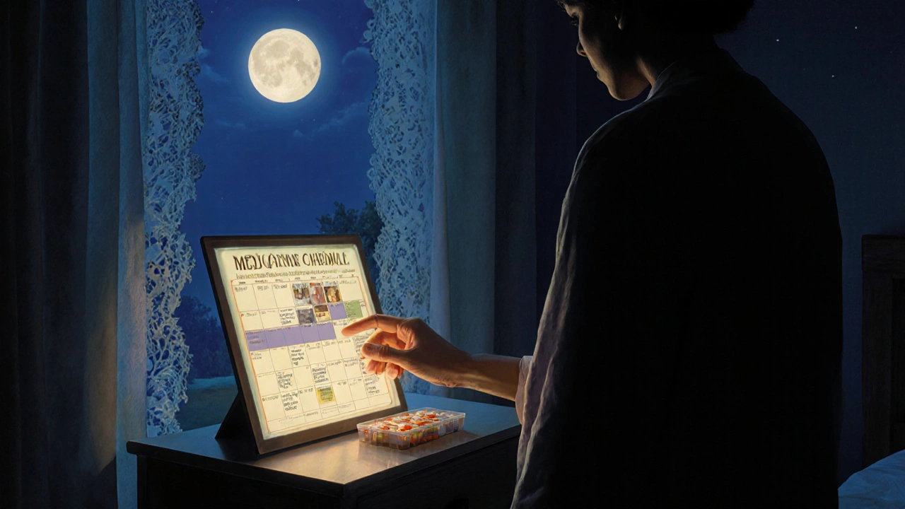 Nighttime scene of a patient following a photo-based medication schedule with supportive presence.