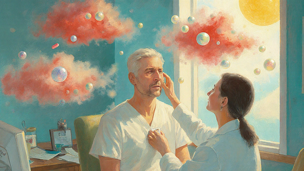 Patient undergoing aspirin desensitization as inflammatory clouds dissolve into protective light.