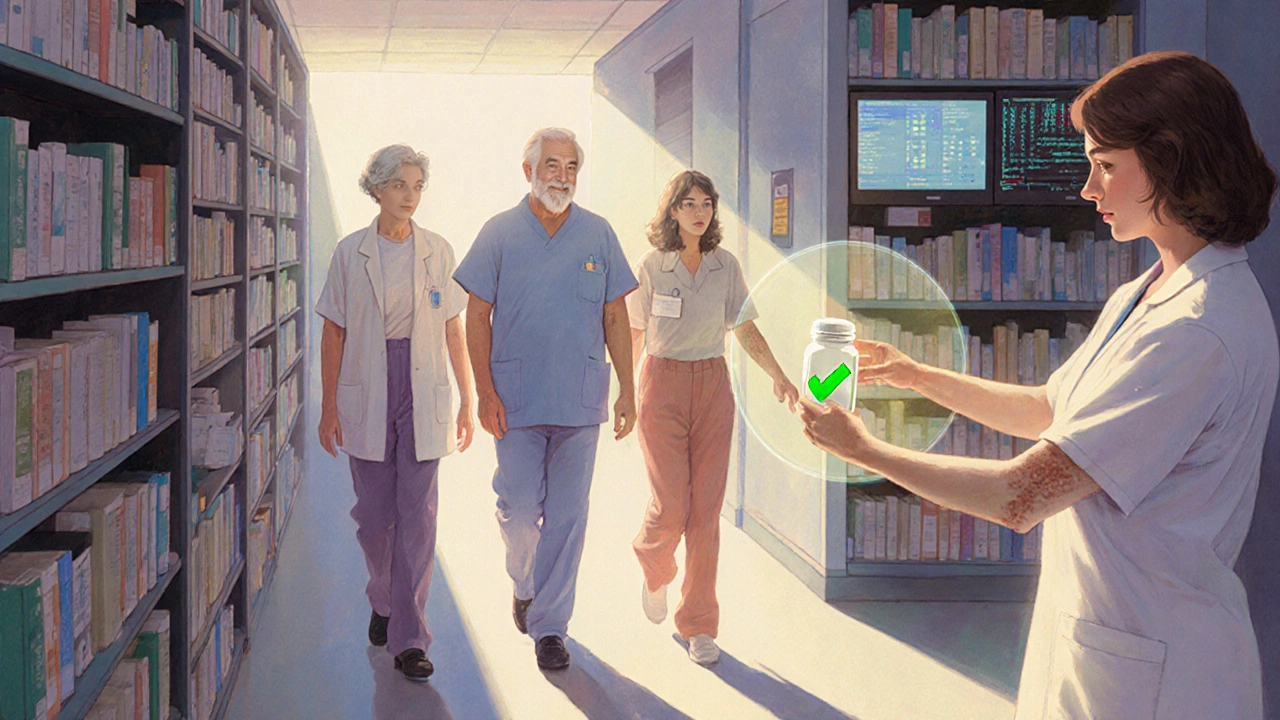 Patients walk safely through a sunlit pharmacy, each protected by subtle glowing signs of prevented medication errors.