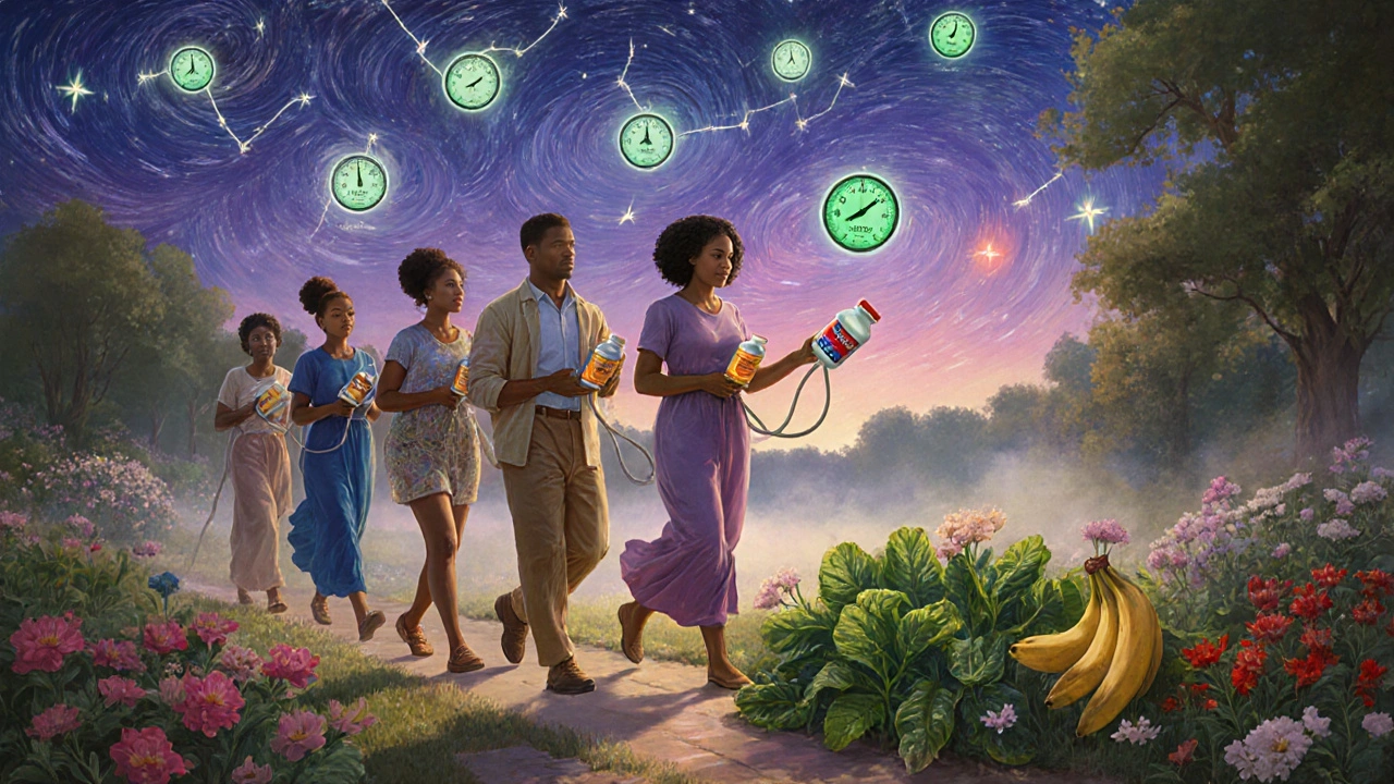 People walk through a twilight garden holding medication bottles, while blood pressure constellations glow above them and healthy foods bloom where pills are dropped.