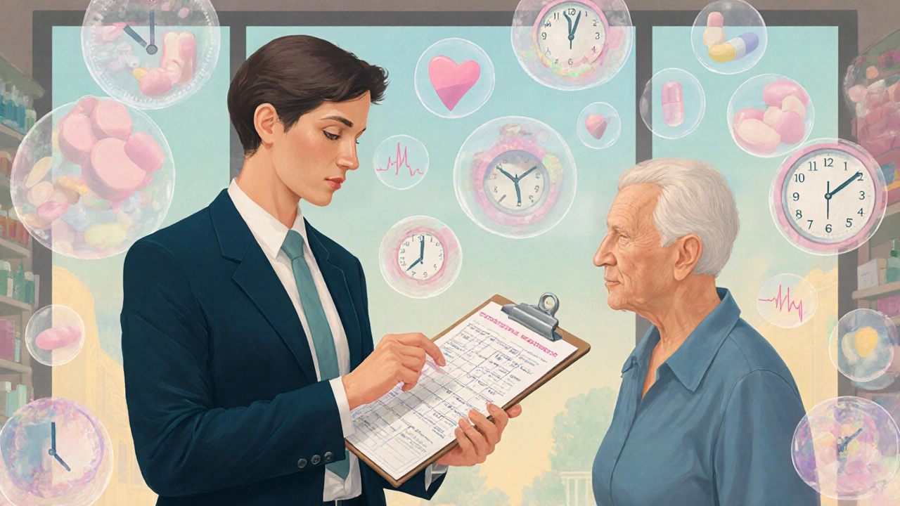 Professional advocate explaining a medication chart to a patient with glowing symbolic icons.