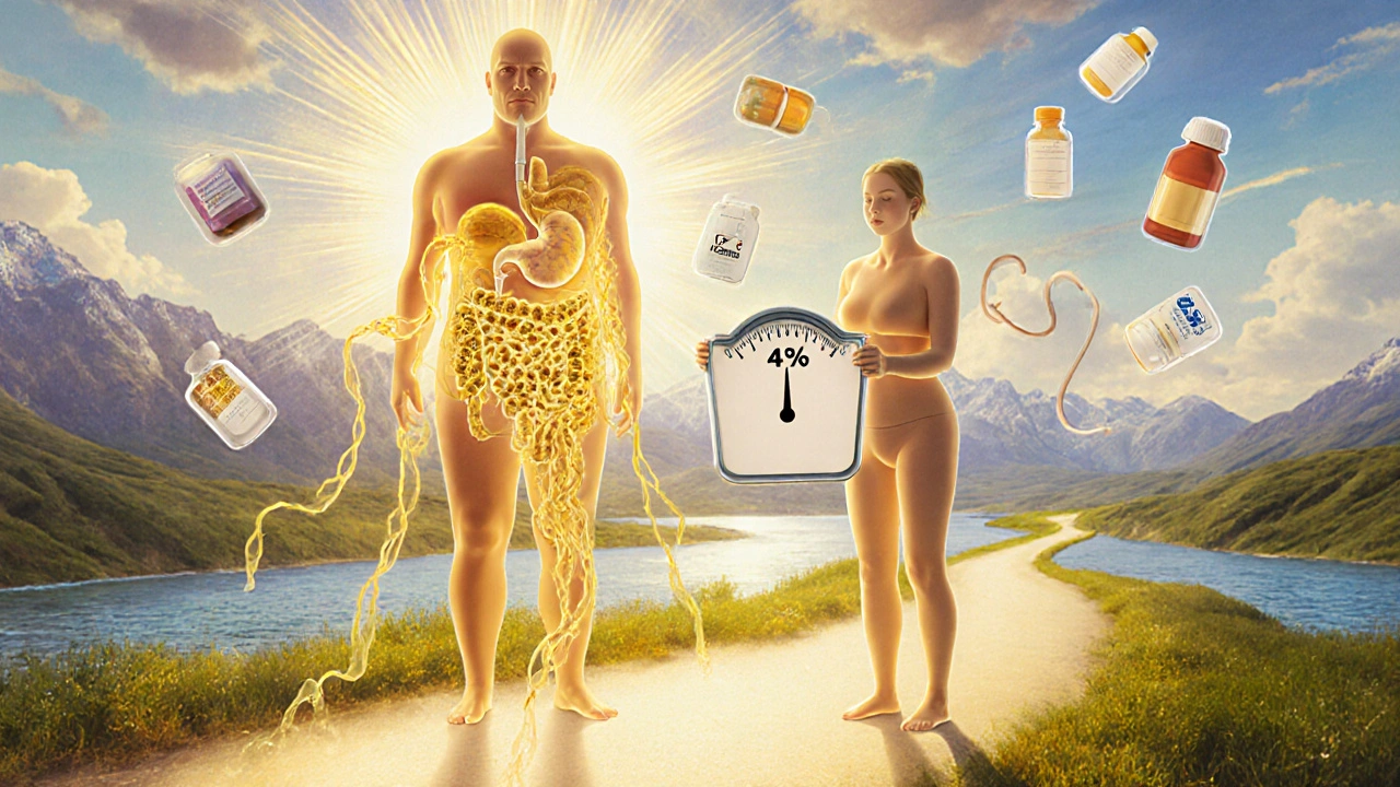 Two figures symbolizing long-term weight loss outcomes on a glowing path with medical icons.
