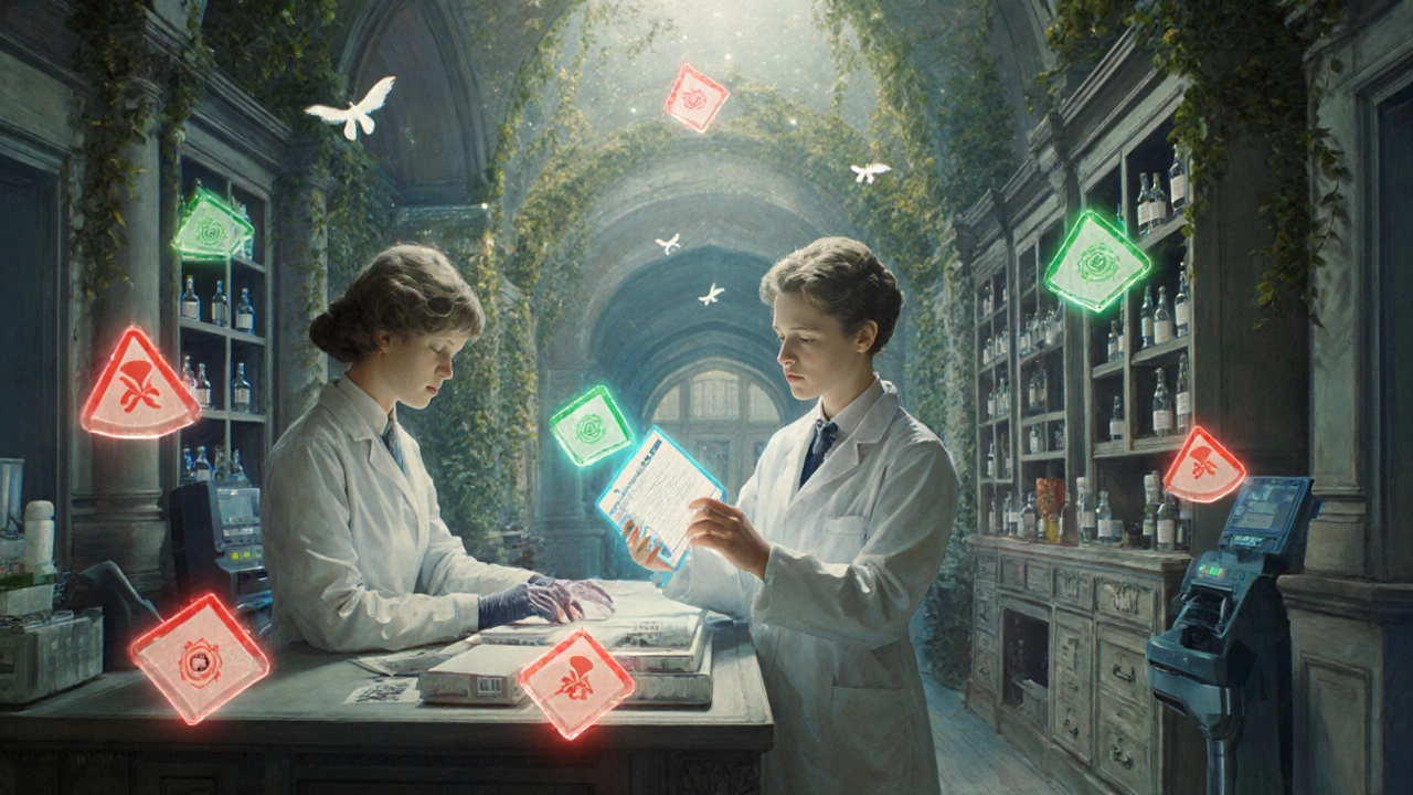 Two pharmacists verify a high-risk medication with floating digital alerts, in a luminous, classical pharmacy setting.