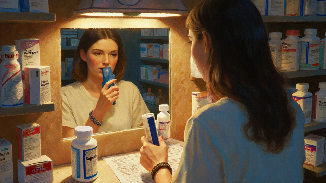Woman reading medicine labels at a pharmacy, safe painkiller glowing while NSAIDs hide in shadows.