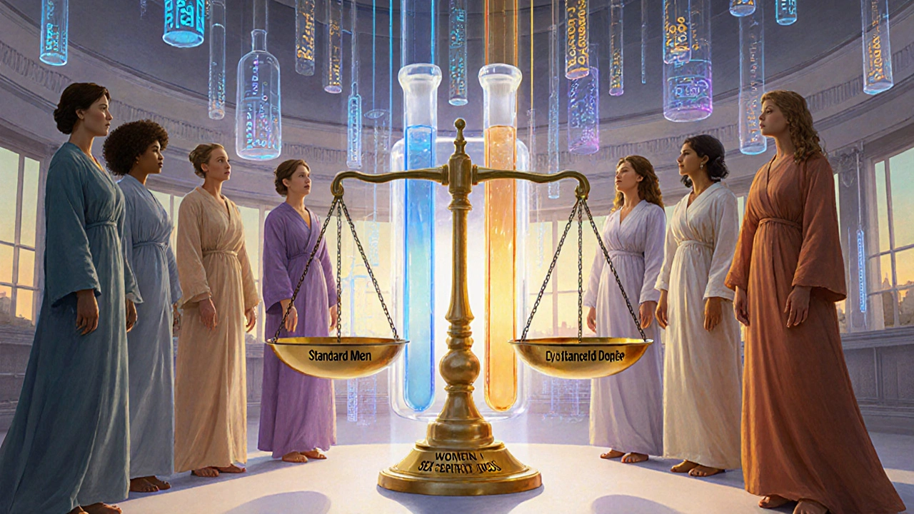 Women stand in a glowing lab as data streams split into male and female pathways, symbolizing drug metabolism differences.