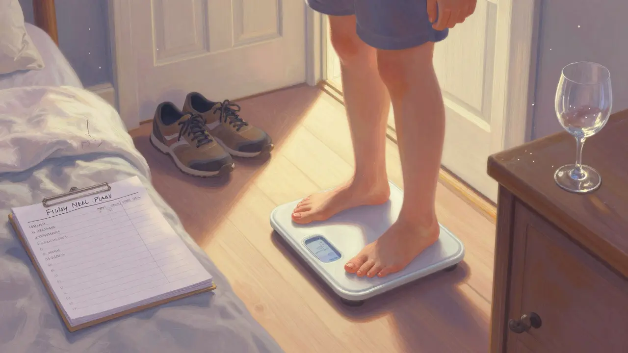 A calm Monday morning scene with a meal plan and walking shoes, symbolizing mindful progress.