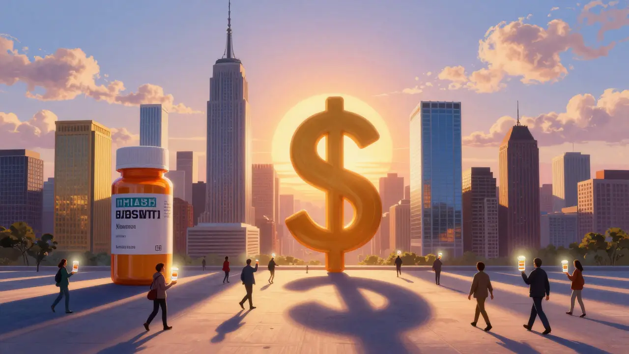 A city skyline of pill-shaped buildings, brand and generic, with a rising sun casting a collapsing dollar sign shadow over walking people.