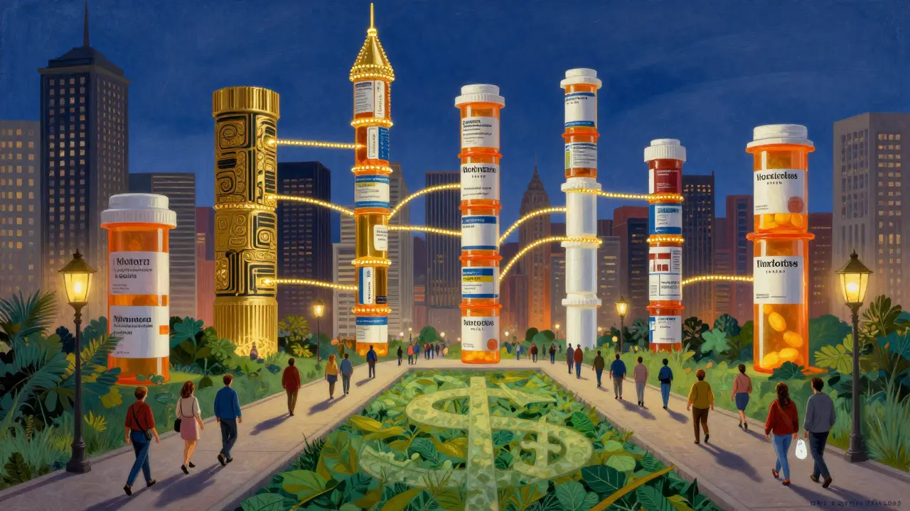 A cityscape of prescription bottle skyscrapers connected by golden threads, symbolizing healthcare savings and accessibility.