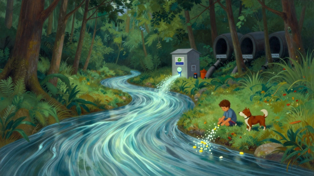 A clean river flows through a forest as expired pills dissolve into light, while children and pets play safely on the shore.