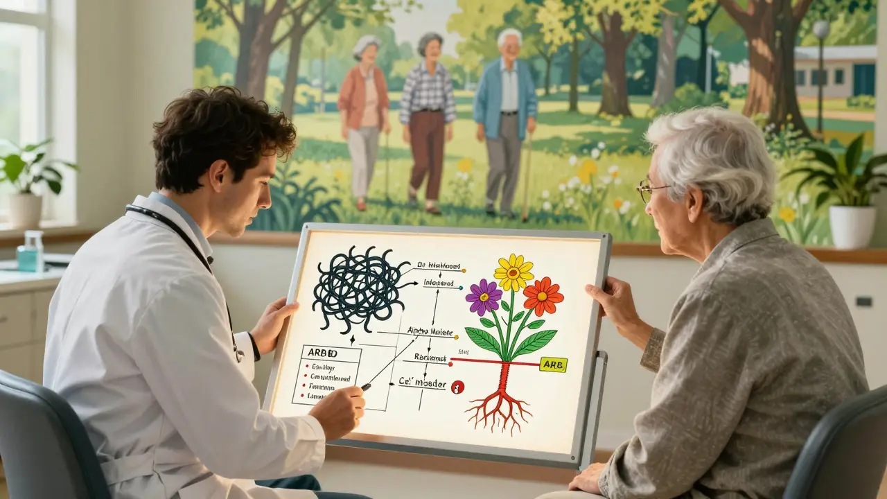 A doctor and senior reviewing a glowing chart of safe vs. risky blood pressure meds in a sunlit clinic.