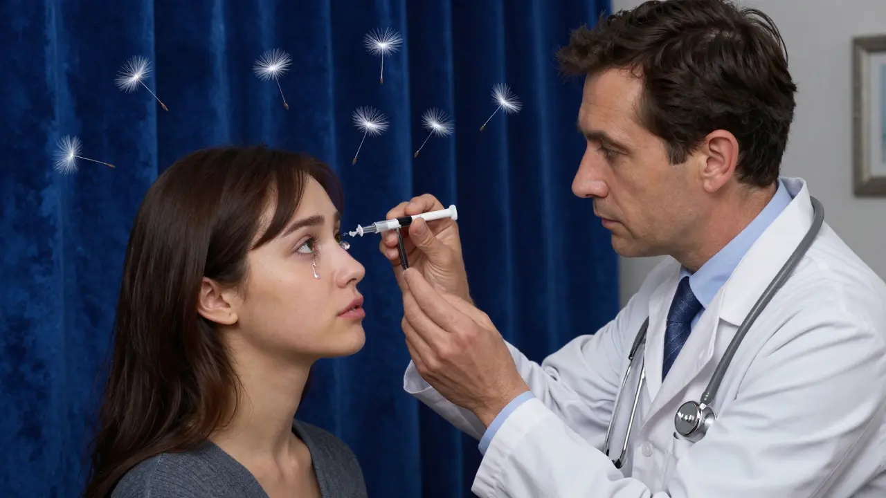 A doctor giving an eye injection as glowing anti-VEGF molecules drift toward the eye in a twilight room.