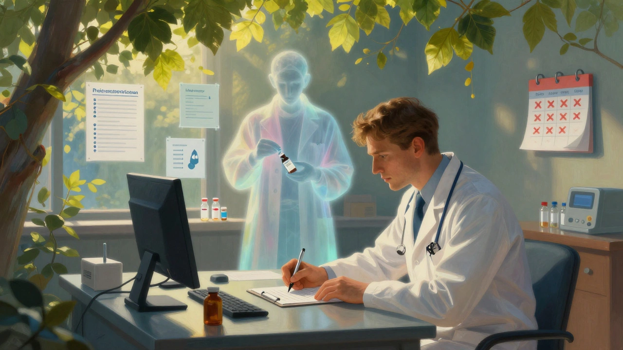 A doctor writing a prescription as a phantom pharmacist prepares to substitute medication, surrounded by legal and cost symbols.