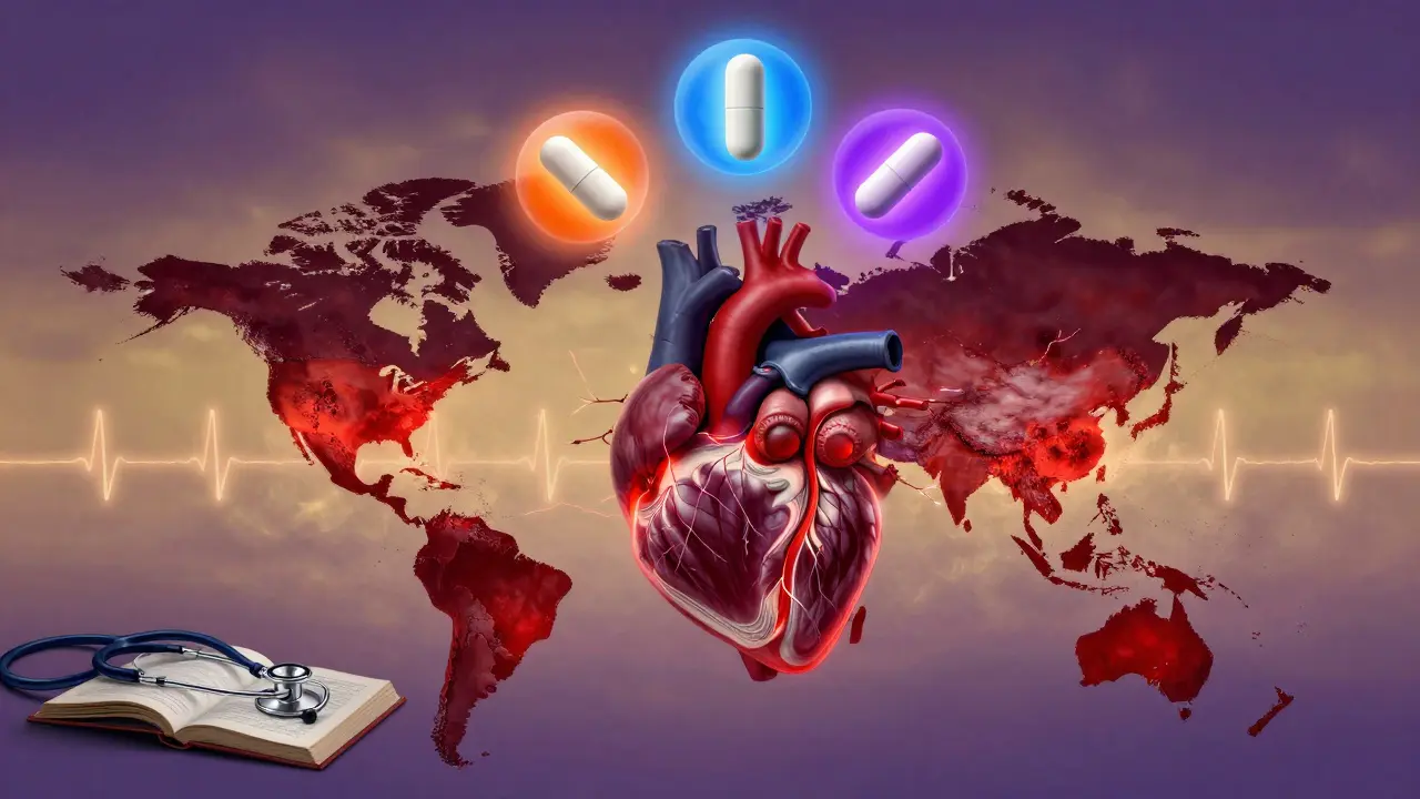 A global map made of heart tissue, with antimalarial pills floating above and electrical disruptions radiating from hotspots.