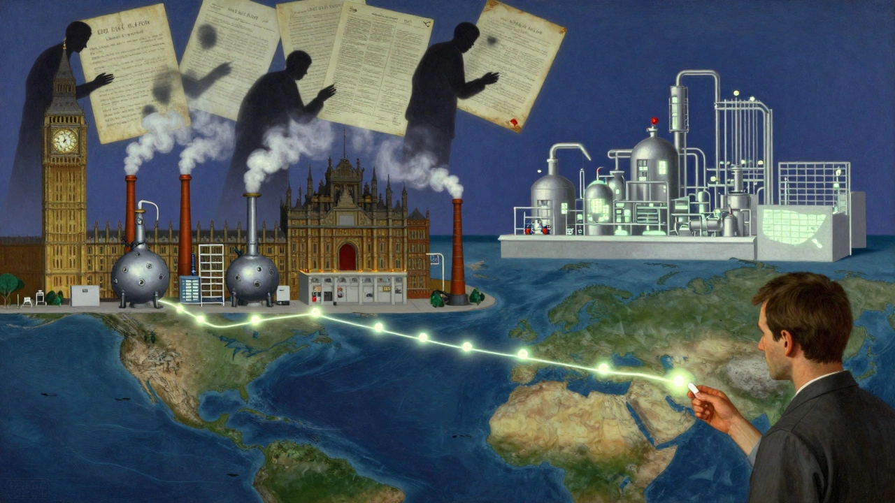 A global medicine chain connecting a patient in London to a factory in China, with regulators inspecting fading records.