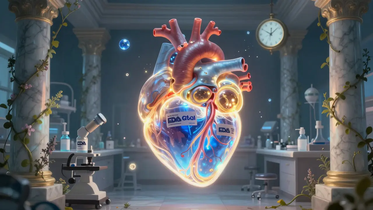 A glowing heart with two matching blood flows, surrounded by FDA seals and medicinal vines, representing bioequivalence.