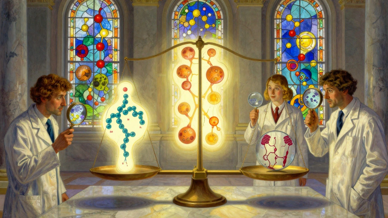 A grand scale balancing a reference biologic and biosimilar, surrounded by scientists and molecular details in luminous light.