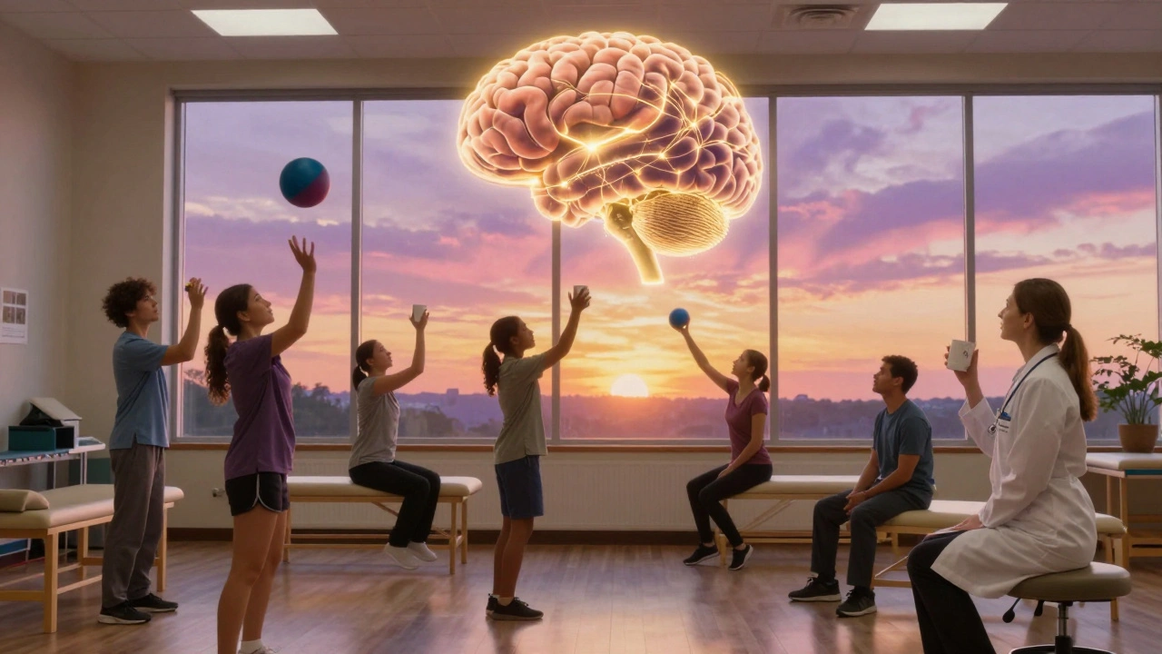 A group of patients and therapist practice coordinated tasks under a glowing cerebellum, bathed in sunset light.