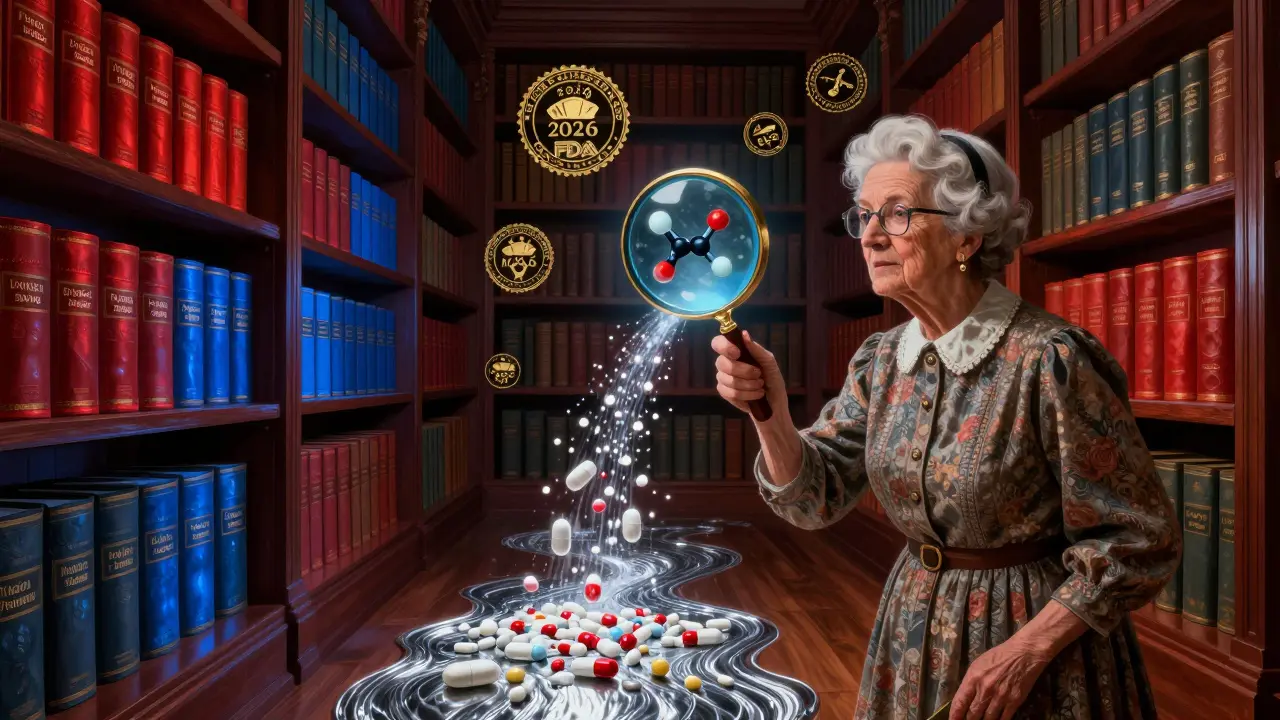 A library of medicine with brand-name books glowing brightly above a silver river of generic pills, illuminated by FDA seals.
