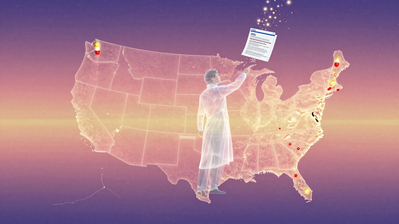 A luminous U.S. map with pulsing patent expiration markers and rising generic drug capsules under a starry sky.