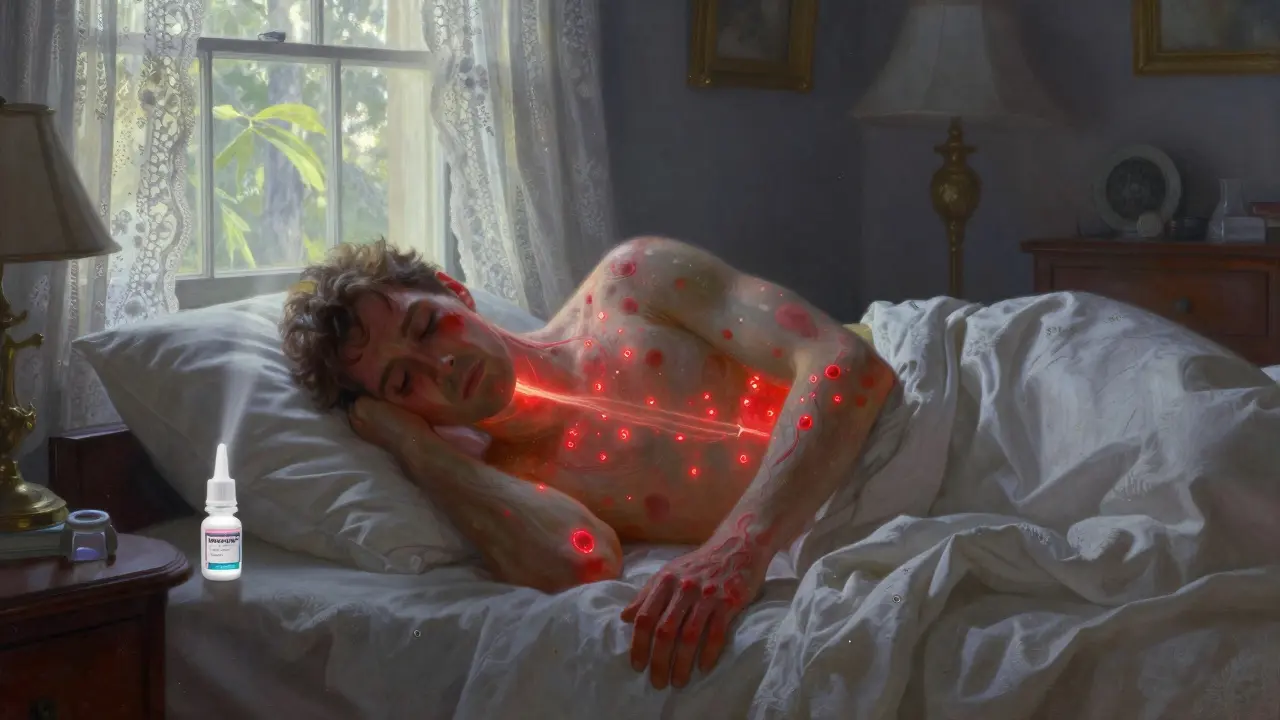 A man sleeps as eye drop light travels into his bloodstream, triggering skin inflammation under soft morning light.
