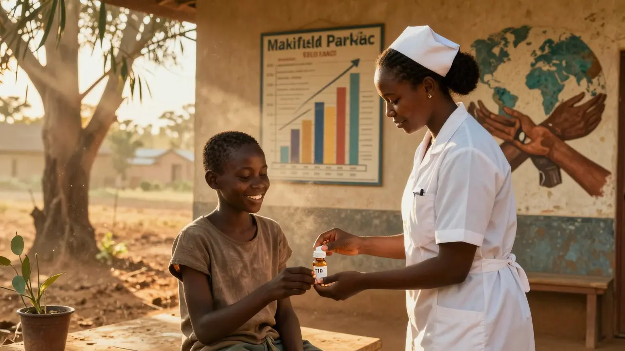 A nurse gives TLD pills to a teenager in a rural Mozambican clinic, sunlight filtering through trees.