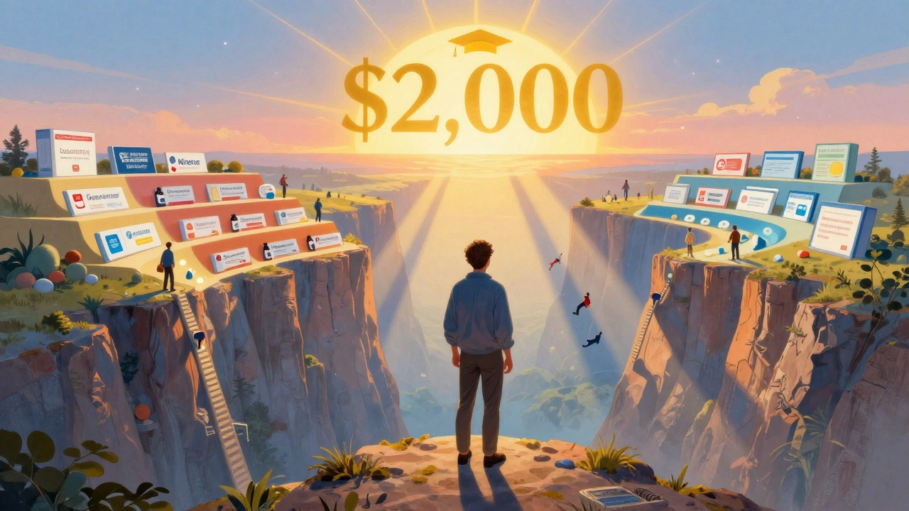 A patient on a cliff overlooking a landscape of drug tiers, with a golden ,000 cap shining above as shadows of insurers fall below.