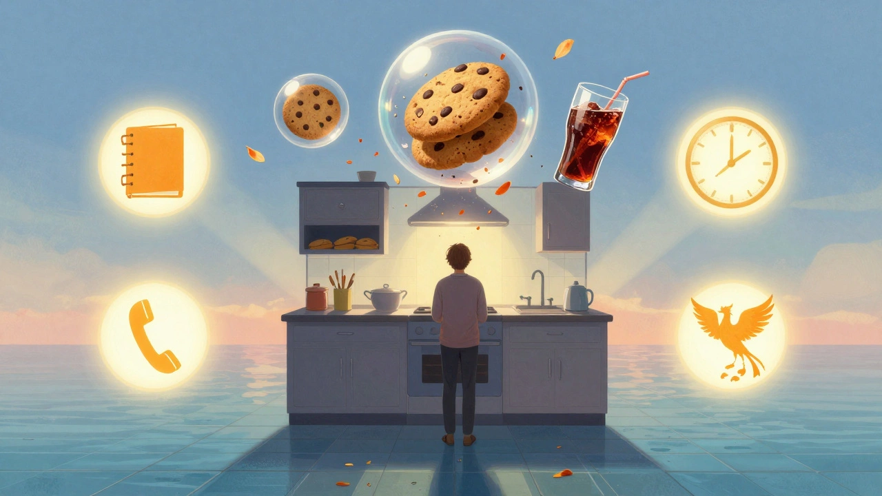 A person in a symbolic kitchen as temptations shatter into petals under glowing strategies.