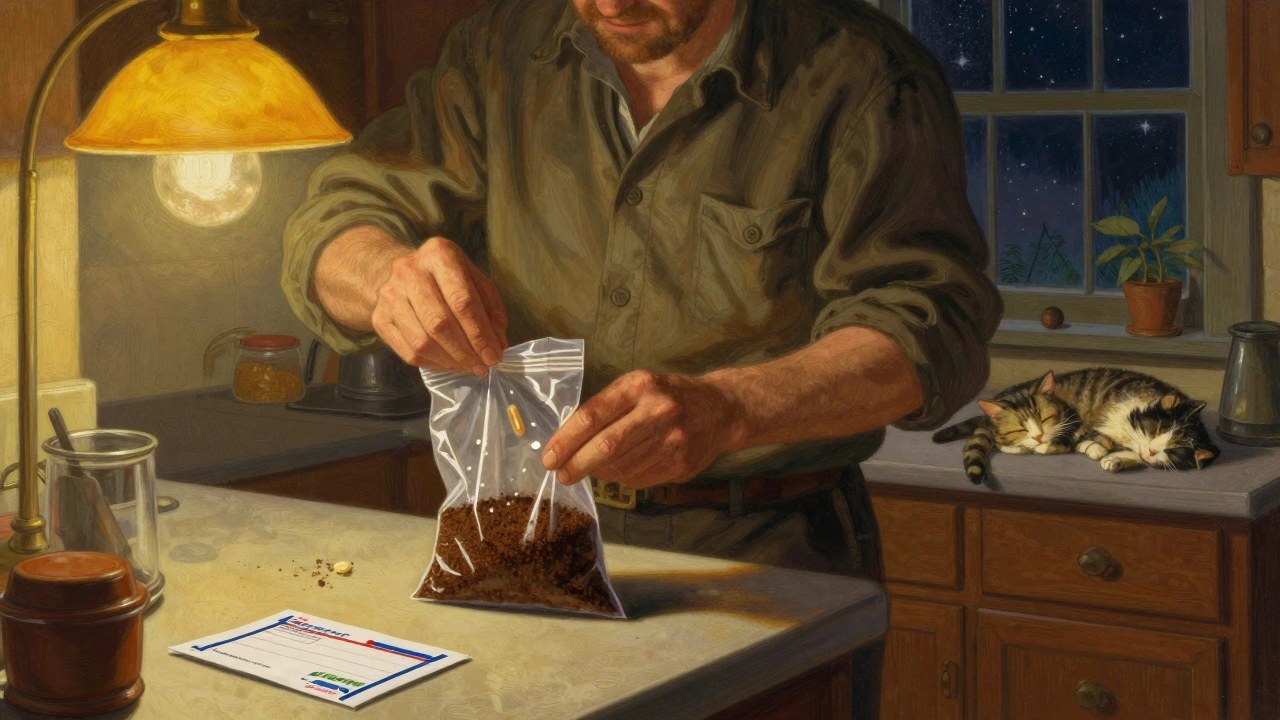 A person mixes pills with coffee grounds in a sealed bag under warm kitchen light, with a mail-back envelope nearby.