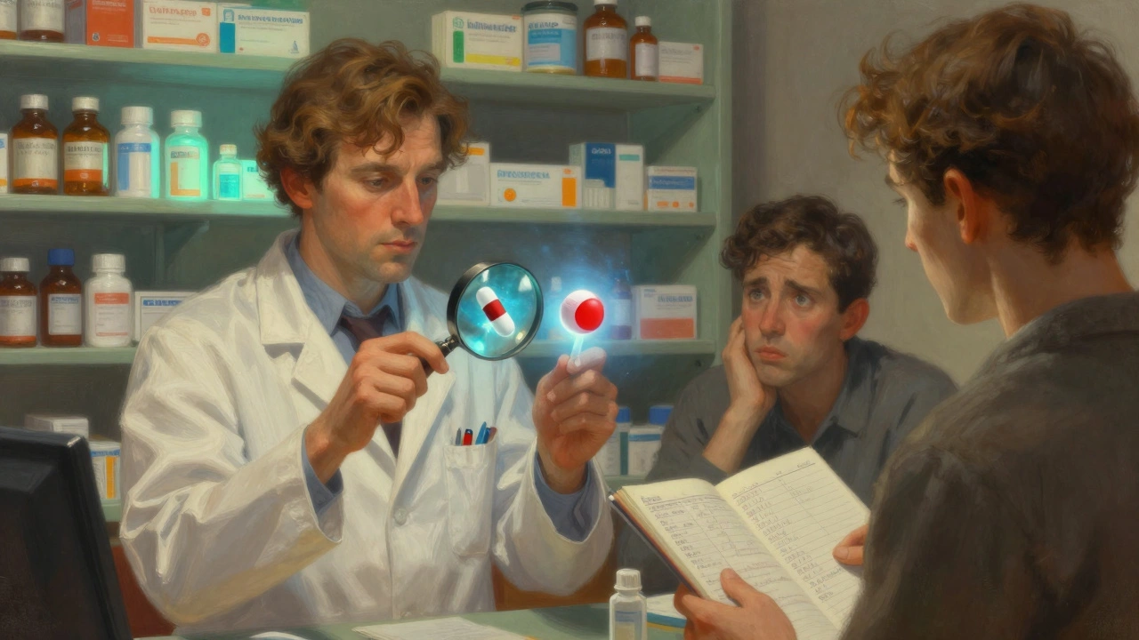 A pharmacist comparing two generic pills under a magnifying glass with glowing auras.