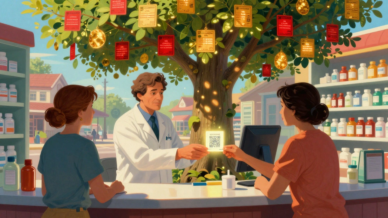 A pharmacist hands a QR code card to a customer, while a magical tree of patient reports grows behind them in a sunlit pharmacy.