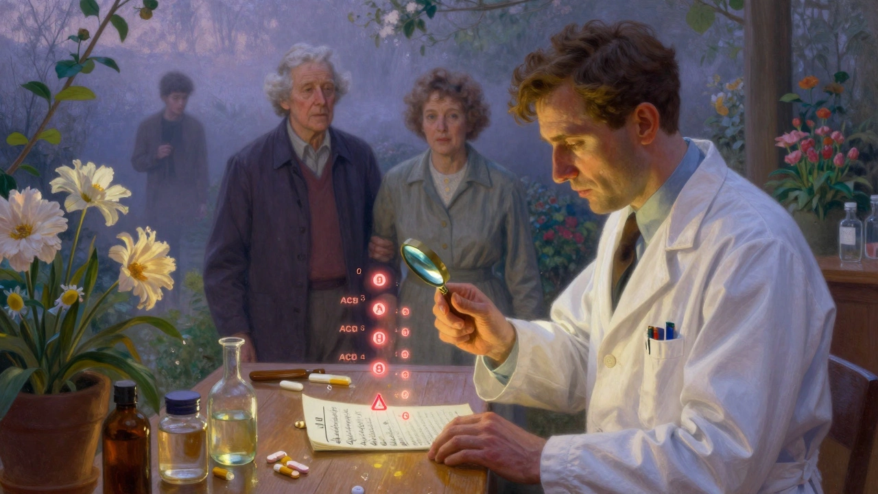 A pharmacist reviewing meds as floating scores glow red, while a senior couple walks clearly through a vibrant garden.